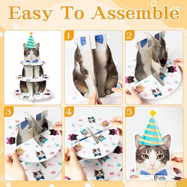 Haooryx Cute Cat Cupcake Stand - 3-Tier American Shorthair Cat Cupcake Tower Cardboard Dessert Holder Cake Stand Serving Tray Cat Theme Party Table Decoration Pet Lovers Kids Birthday Party Supplies - Image 4