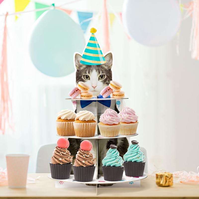 Haooryx Cute Cat Cupcake Stand - 3-Tier American Shorthair Cat Cupcake Tower Cardboard Dessert Holder Cake Stand Serving Tray Cat Theme Party Table Decoration Pet Lovers Kids Birthday Party Supplies - Image 5