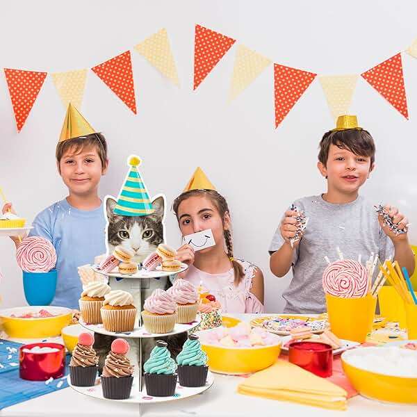 Haooryx Cute Cat Cupcake Stand - 3-Tier American Shorthair Cat Cupcake Tower Cardboard Dessert Holder Cake Stand Serving Tray Cat Theme Party Table Decoration Pet Lovers Kids Birthday Party Supplies - Image 6