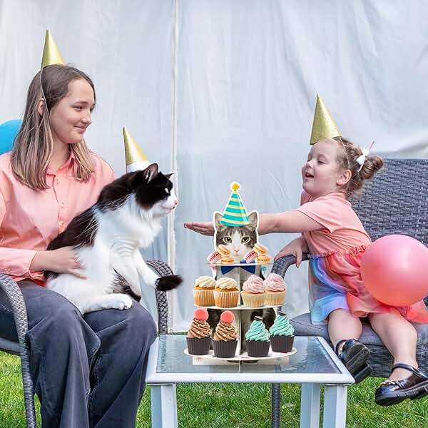 Haooryx Cute Cat Cupcake Stand - 3-Tier American Shorthair Cat Cupcake Tower Cardboard Dessert Holder Cake Stand Serving Tray Cat Theme Party Table Decoration Pet Lovers Kids Birthday Party Supplies - Image 7