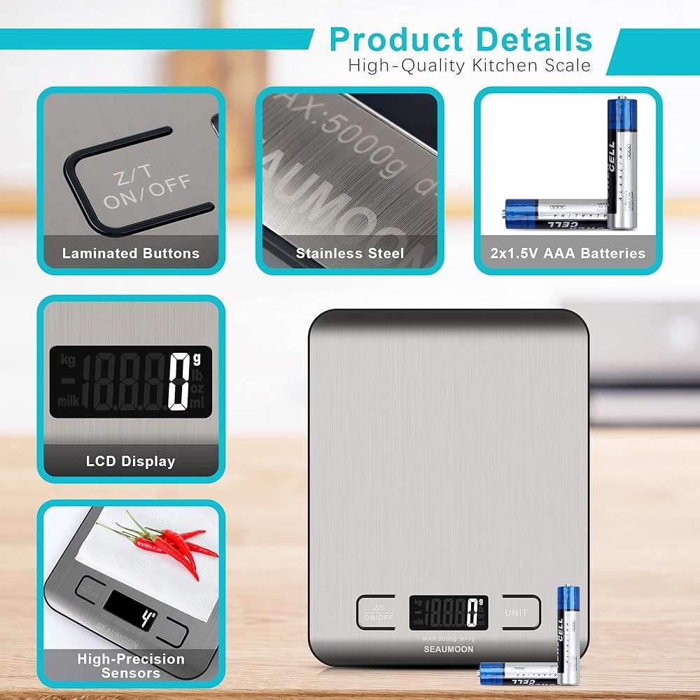 Food Scale Kitchen-Scale 11lb/5kg Food Scale for Kitchen Stainless Steel LCD Display Tare Function (g/oz/ml) for Meal Prep Coffee (Batteries Included) - Image 4