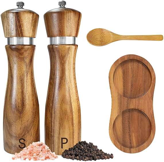 Wooden Salt and Pepper Grinder Set:Pepper Grinder Manual,Adjustable Coarseness,Crafted of Acacia Wood with Ceramic/Stainless Steel Core|Along with Salt&Pepper Mill Tray,Spoon,8in,2pack - Image 1