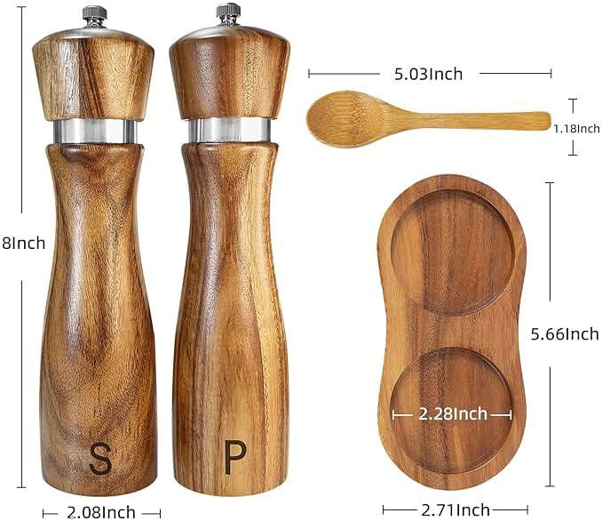Wooden Salt and Pepper Grinder Set:Pepper Grinder Manual,Adjustable Coarseness,Crafted of Acacia Wood with Ceramic/Stainless Steel Core|Along with Salt&Pepper Mill Tray,Spoon,8in,2pack - Image 3