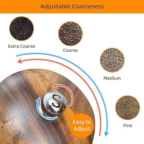 Wooden Salt and Pepper Grinder Set:Pepper Grinder Manual,Adjustable Coarseness,Crafted of Acacia Wood with Ceramic/Stainless Steel Core|Along with Salt&Pepper Mill Tray,Spoon,8in,2pack - Image 4