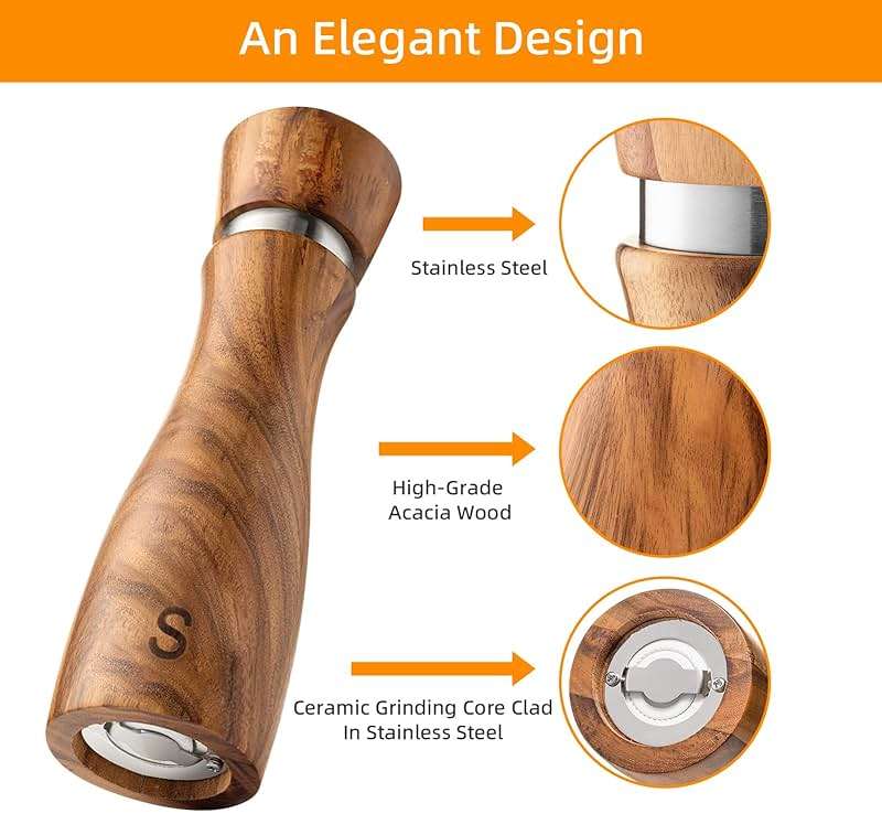 Wooden Salt and Pepper Grinder Set:Pepper Grinder Manual,Adjustable Coarseness,Crafted of Acacia Wood with Ceramic/Stainless Steel Core|Along with Salt&Pepper Mill Tray,Spoon,8in,2pack - Image 5