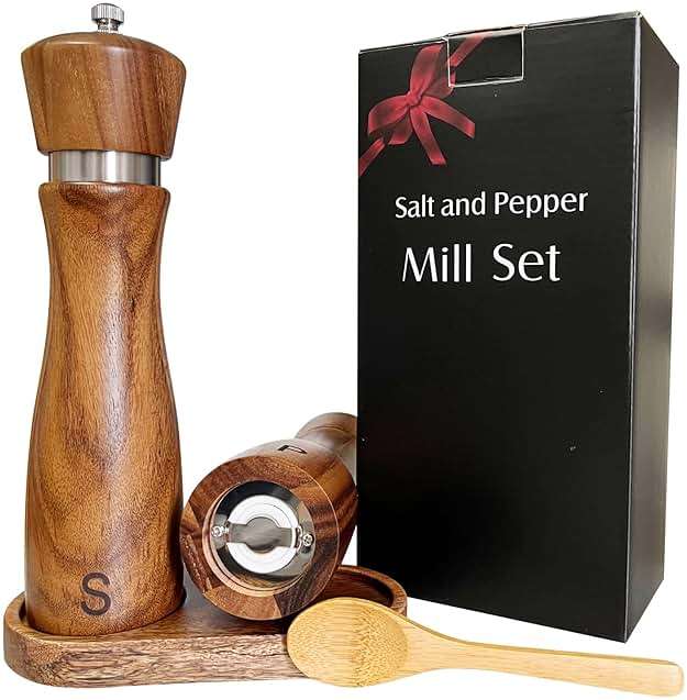 Wooden Salt and Pepper Grinder Set:Pepper Grinder Manual,Adjustable Coarseness,Crafted of Acacia Wood with Ceramic/Stainless Steel Core|Along with Salt&Pepper Mill Tray,Spoon,8in,2pack - Image 7