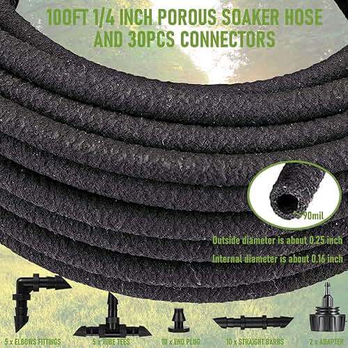 1/4 Inch Soaker Hose for Garden 100ft Soaker Irrigation Drip Hose System, Heavy Duty Drip Irrigation Tubing with Hose Connector Accessories for Watering Garden Beds Vegetable Lawn and Yard (100ft) - Image 5