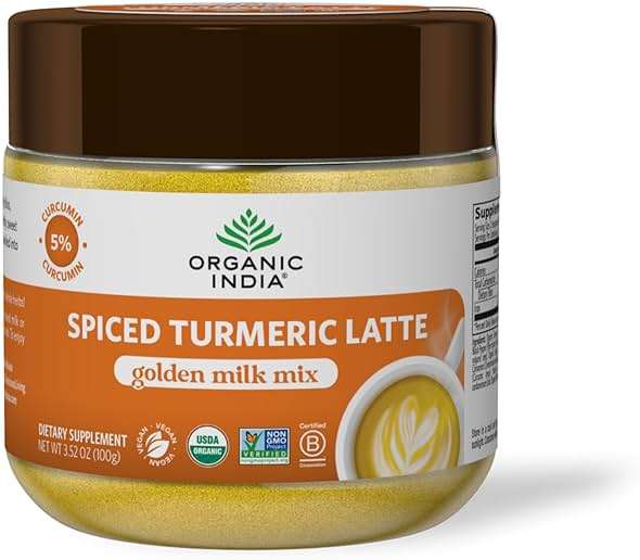 Organic India Spiced Turmeric Latte Powder - Golden Milk Mix, Authentic Blend, Gold Tea Drink, With Ginger and Cinnamon, Vegan, Ayurvedic Herbs, Caffeine Free, Zero Added Sugar - 3.52 Oz - Image 1