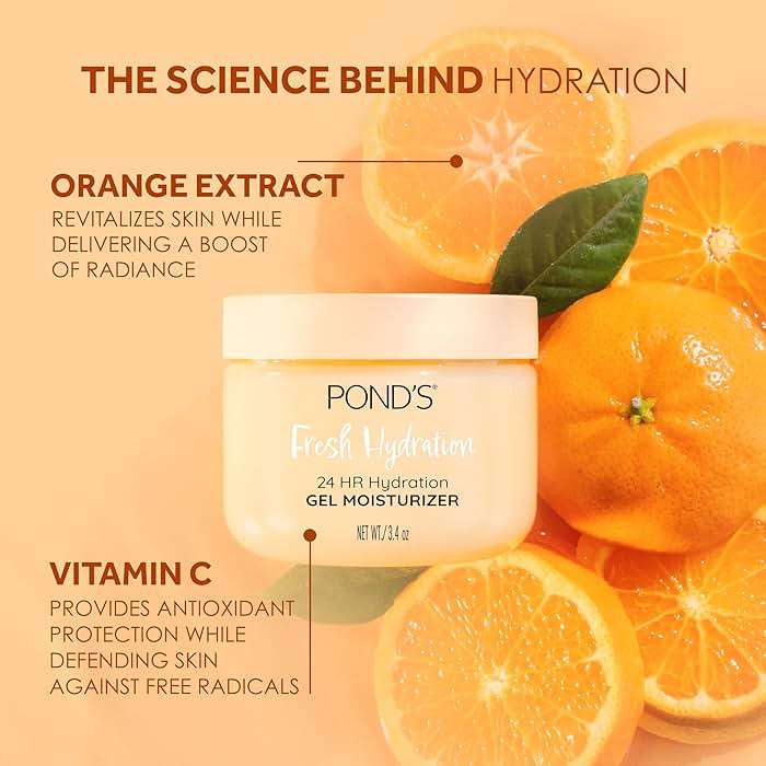 POND’S Fresh Hydration Gel Moisturizer – 24 HR Hydration with Orange Extract & Vitamin C – Alcohol & Oil-Free Face Moisturizer – Dermatologist Tested, 3.4 oz - Image 2