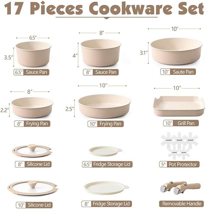 SENSARTE 17 Piece Ceramic Pots and Pans Set, Nonstick Detachable Handle Cookware, Induction Kitchen Cookware Set with Removable Handle, Dishwasher ＆ Oven Safe (Almond Beige) - Image 2
