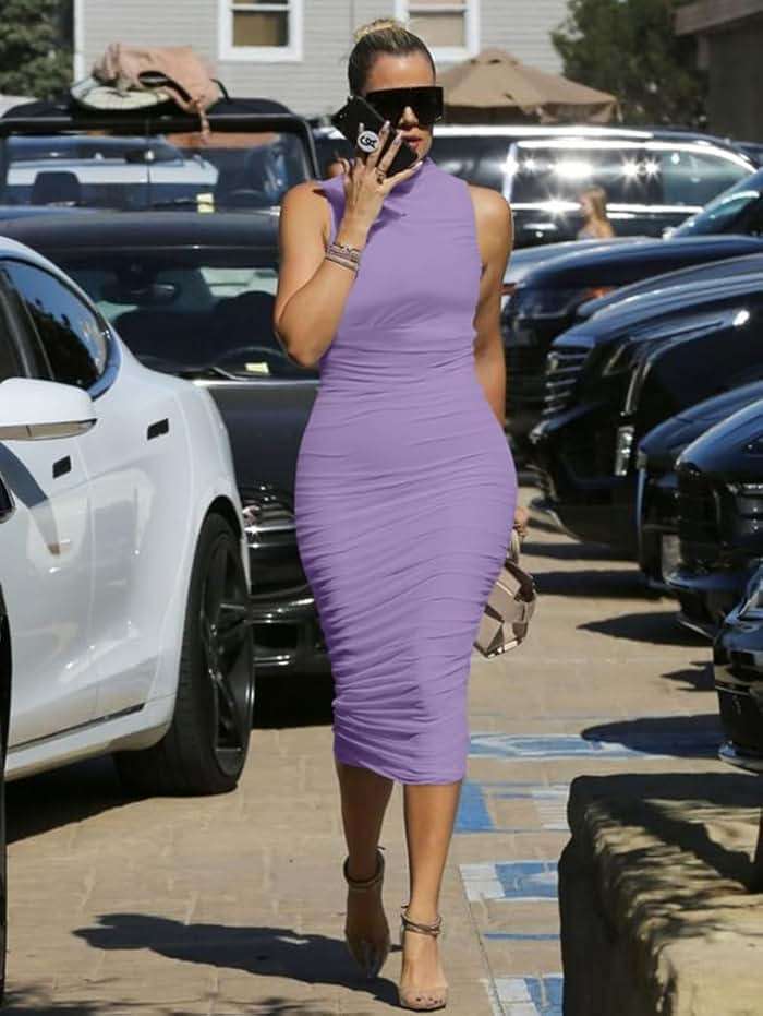 LAGSHIAN Women's Sexy Bodycon High Neck Sleeveless Ruched Midi Cocktail Party Dress - Image 2