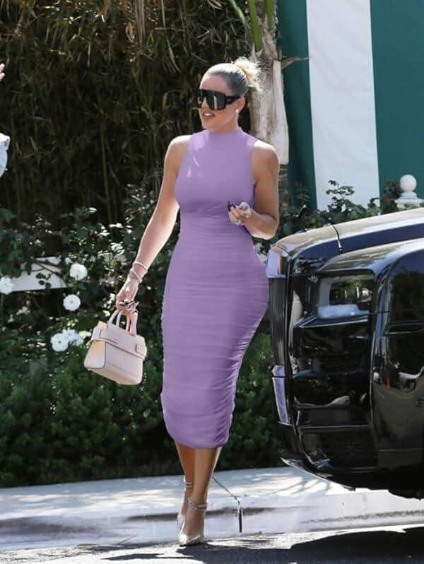LAGSHIAN Women's Sexy Bodycon High Neck Sleeveless Ruched Midi Cocktail Party Dress - Image 3