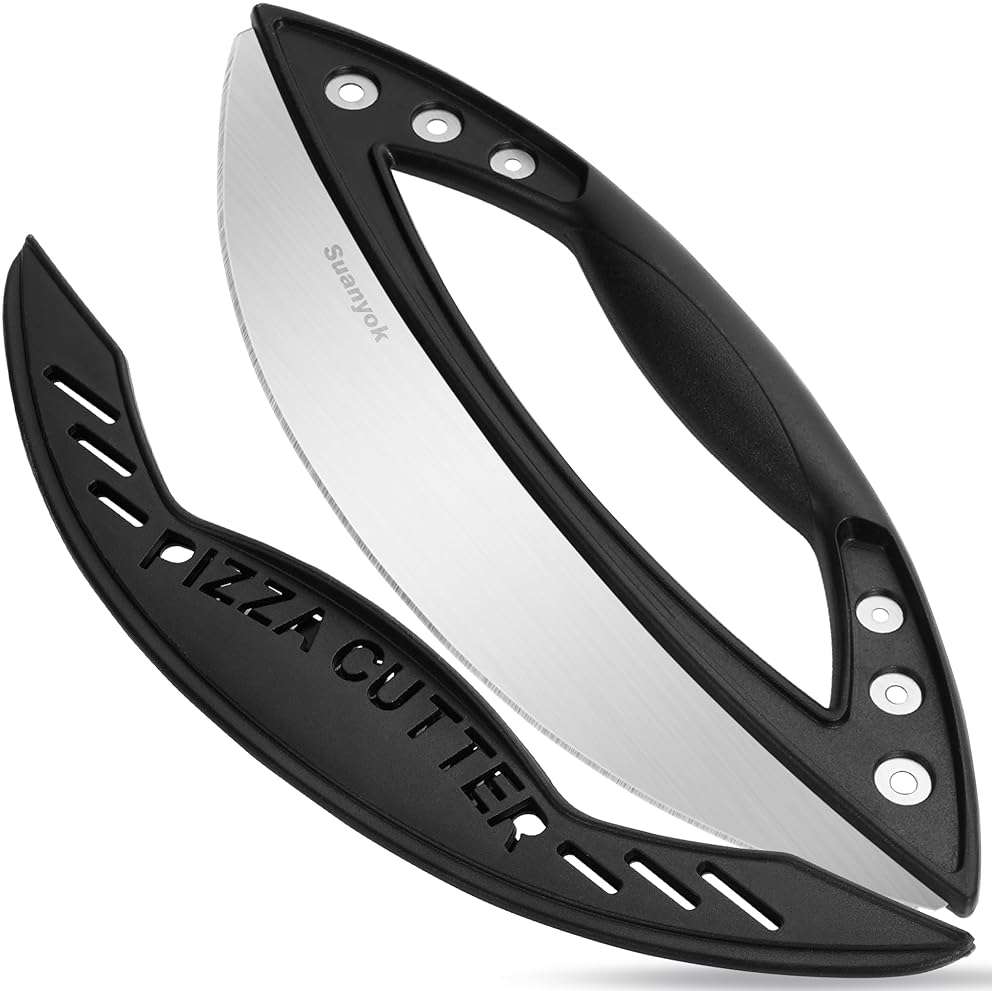Suanyok Premium Pizza Cutter Rocker Blade with Cover, 12" Stainless Steel Large Wheel Slicer-Food Vegetable Chopper Kitchen Gadgets, Black - Image 1