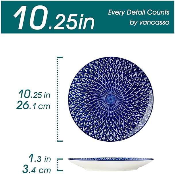vancasso Ceramic Dinner Plates Set of 6, Large Vintage Plates 10.25 Inch Set of 6 for Kitchen, Porcelain Blue and White Plates for Kitchen, Microwave Oven Dishwasher Safe, Vintage Gift, Blue - Image 3