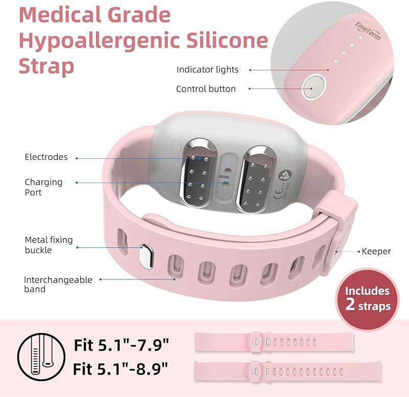 EmeTerm Fashion Pink Anti-Nausea Wristband Relieve Morning Motion Travel Sickness Rechargeable Drug Free Bands without Side Effects - Extra 2pack Conductive Gel - Image 6