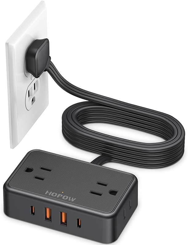 HOPOW Flat Plug Extension Cord, 6 Ft Ultra Thin Power Strip, 4 AC Wide Spaced outlets and 4 USB (2 USB-C) Ports, No Surge Protector for Cruise Ship, Travel, Dorm Room Essentials (Black) - Image 1
