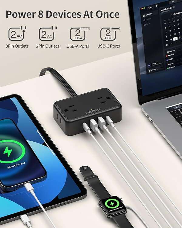 HOPOW Flat Plug Extension Cord, 6 Ft Ultra Thin Power Strip, 4 AC Wide Spaced outlets and 4 USB (2 USB-C) Ports, No Surge Protector for Cruise Ship, Travel, Dorm Room Essentials (Black) - Image 2