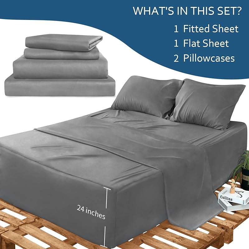 Moonsea Cal King Sheet Set - 4 Piece California King Sheet Sets - Extra Deep Pocket Hotel Luxury California King Sheets Fade Resistant Fits up to 24in Cal King Bed Mattress - Grey - Image 2