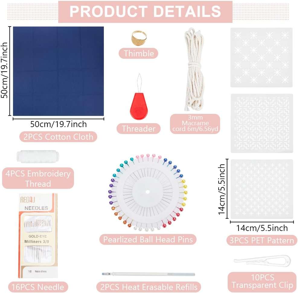 INFUNLY 3 Set Sashiko Drawstring Bag Kits Sashiko DIY Tote Bag Kit Flower Sashiko Fabric Kit for Beginners Make Your Own Tote Bag with Thread Needles Hand Sewing Set for Adults - Image 2