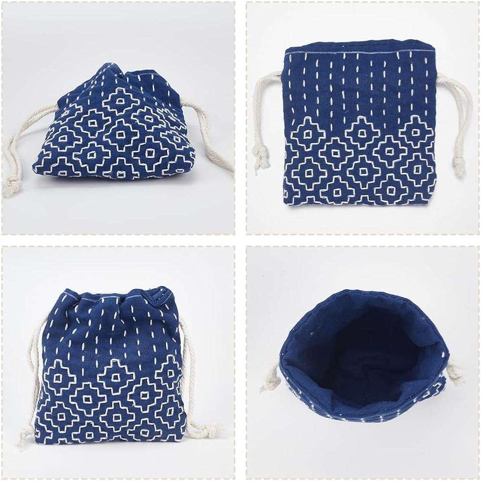 INFUNLY 3 Set Sashiko Drawstring Bag Kits Sashiko DIY Tote Bag Kit Flower Sashiko Fabric Kit for Beginners Make Your Own Tote Bag with Thread Needles Hand Sewing Set for Adults - Image 3