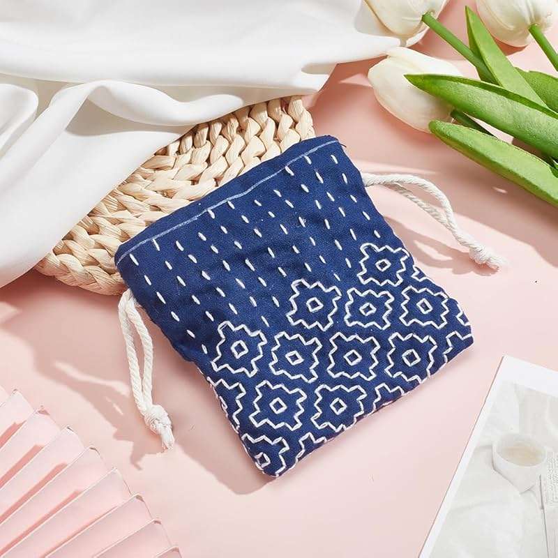 INFUNLY 3 Set Sashiko Drawstring Bag Kits Sashiko DIY Tote Bag Kit Flower Sashiko Fabric Kit for Beginners Make Your Own Tote Bag with Thread Needles Hand Sewing Set for Adults - Image 4