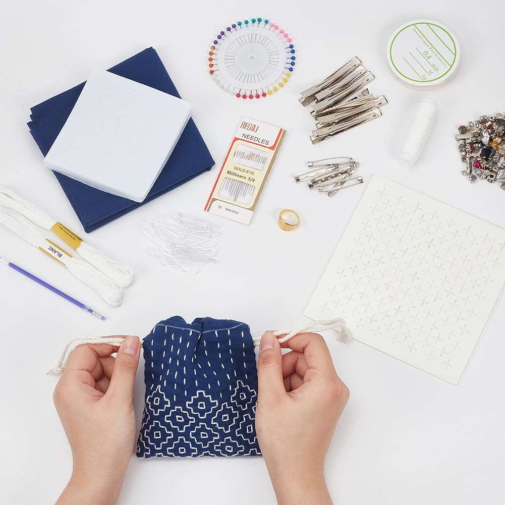 INFUNLY 3 Set Sashiko Drawstring Bag Kits Sashiko DIY Tote Bag Kit Flower Sashiko Fabric Kit for Beginners Make Your Own Tote Bag with Thread Needles Hand Sewing Set for Adults - Image 5