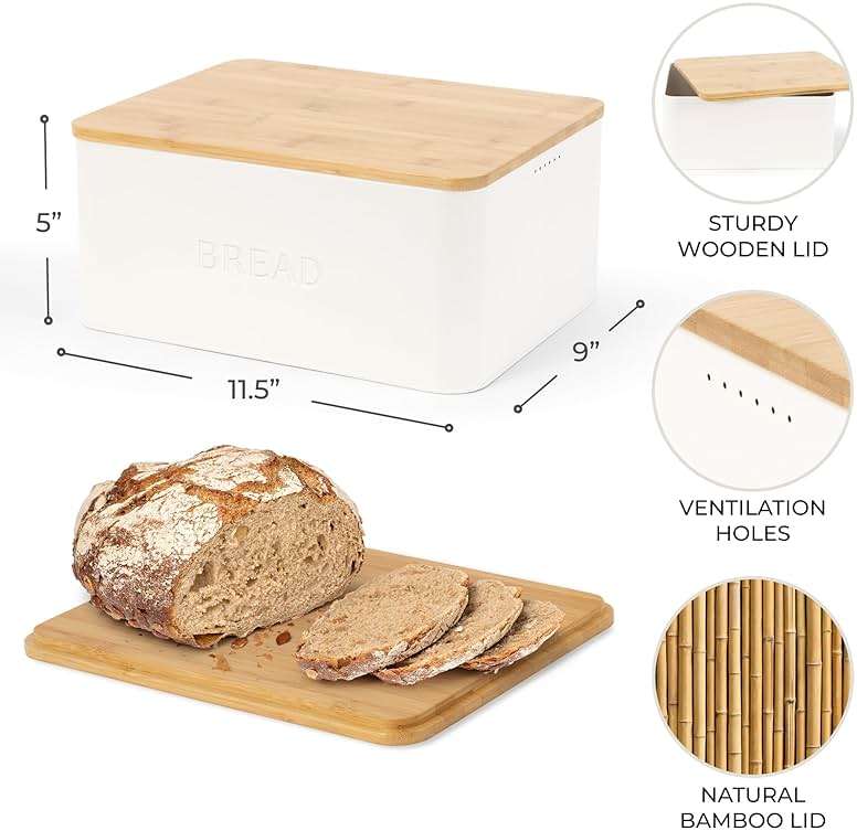 ZICOTO Beautiful Bread Box With Wooden Lid For Your Kitchen Countertop - Spacious Container Perfectly Stores Your Homemade Bread, English Muffins & Bagels - Quality Cutting Board Lid Keeps Loaf Fresh - Image 2