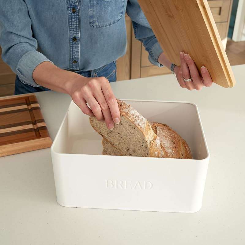 ZICOTO Beautiful Bread Box With Wooden Lid For Your Kitchen Countertop - Spacious Container Perfectly Stores Your Homemade Bread, English Muffins & Bagels - Quality Cutting Board Lid Keeps Loaf Fresh - Image 3