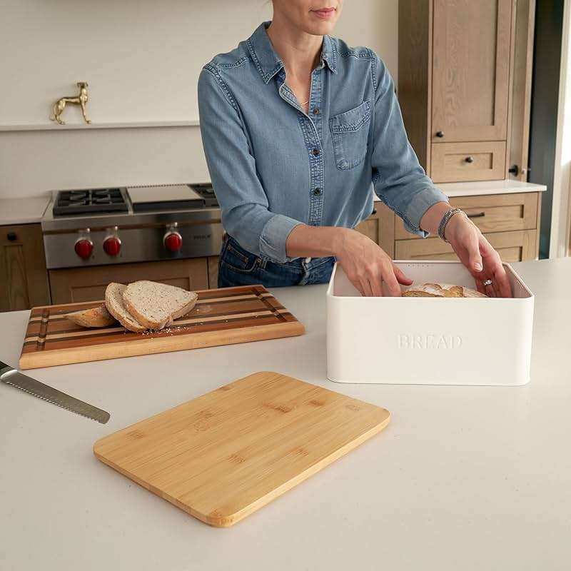 ZICOTO Beautiful Bread Box With Wooden Lid For Your Kitchen Countertop - Spacious Container Perfectly Stores Your Homemade Bread, English Muffins & Bagels - Quality Cutting Board Lid Keeps Loaf Fresh - Image 4