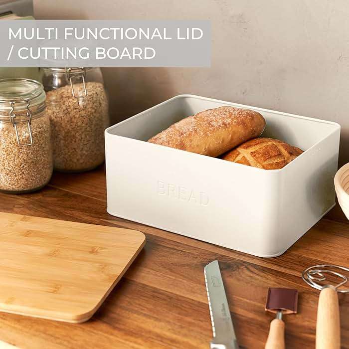 ZICOTO Beautiful Bread Box With Wooden Lid For Your Kitchen Countertop - Spacious Container Perfectly Stores Your Homemade Bread, English Muffins & Bagels - Quality Cutting Board Lid Keeps Loaf Fresh - Image 5