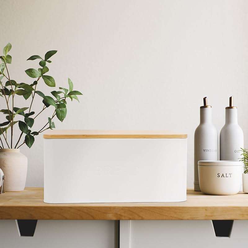 ZICOTO Beautiful Bread Box With Wooden Lid For Your Kitchen Countertop - Spacious Container Perfectly Stores Your Homemade Bread, English Muffins & Bagels - Quality Cutting Board Lid Keeps Loaf Fresh - Image 7