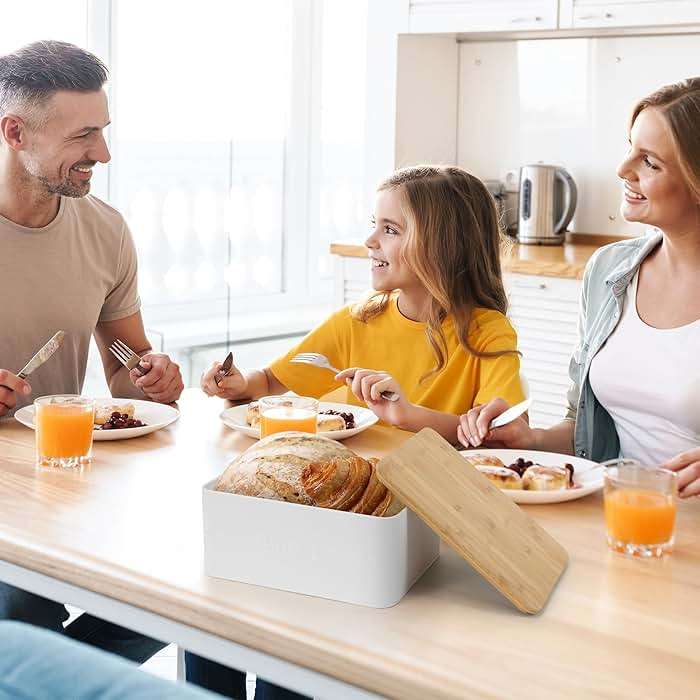ZICOTO Beautiful Bread Box With Wooden Lid For Your Kitchen Countertop - Spacious Container Perfectly Stores Your Homemade Bread, English Muffins & Bagels - Quality Cutting Board Lid Keeps Loaf Fresh - Image 8