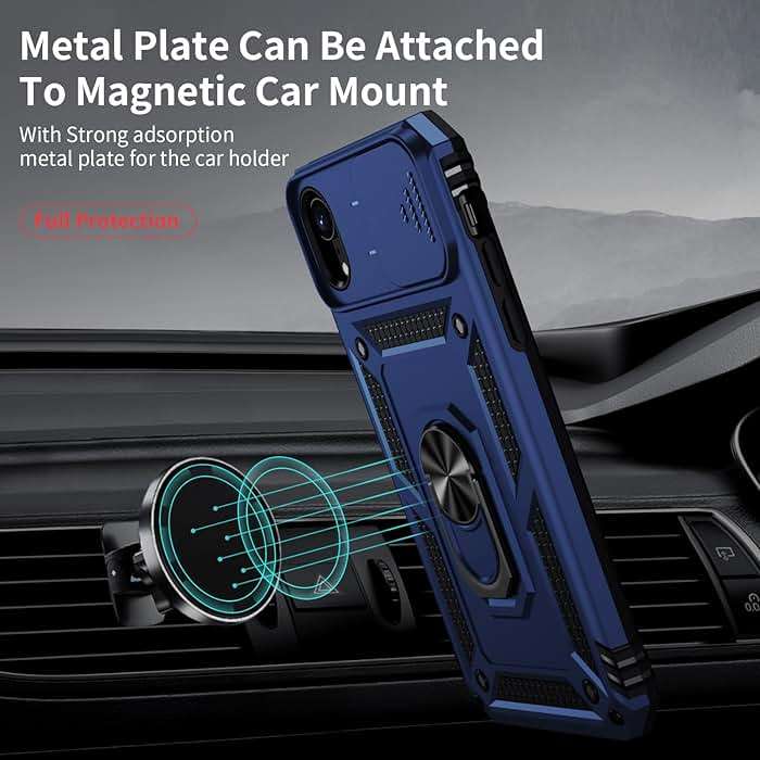 Weycolor for iPhone XR Case with Camera Lens Cover, HD Screen Protector, 10 FT Military Grade Drop Protection, Magnetic Ring Holder Kickstand Protective Phone Case, Navy Blue - Image 2