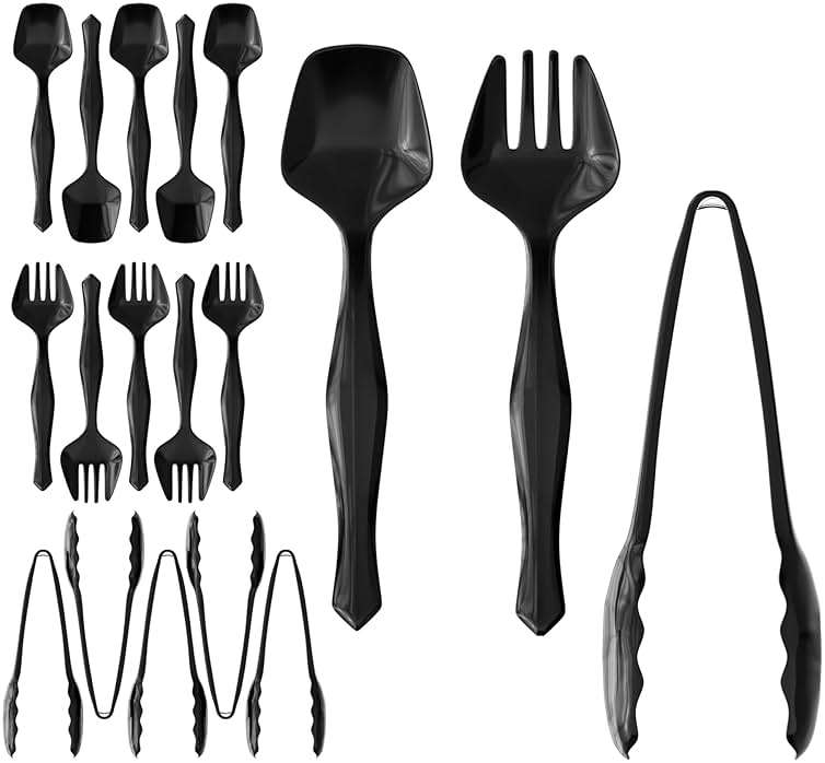 18 Pcs Black Plastic Serving Utensils Set - 6 Black Plastic Serving Spoons, 6 Black Tongs And 6 Forks - Heavy Duty Black Disposable Serving Utensils Set For Parties - Image 1