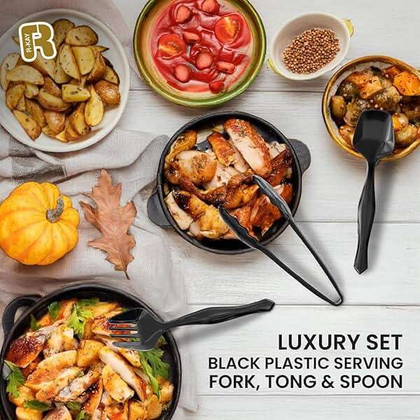 18 Pcs Black Plastic Serving Utensils Set - 6 Black Plastic Serving Spoons, 6 Black Tongs And 6 Forks - Heavy Duty Black Disposable Serving Utensils Set For Parties - Image 2