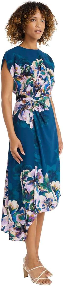 Maggy London Women's Floral Midi Dress for Women - Sleeveless with Ruched Waist, Asymmetric Ruffle Hem, Floral Dress for Women - Image 3