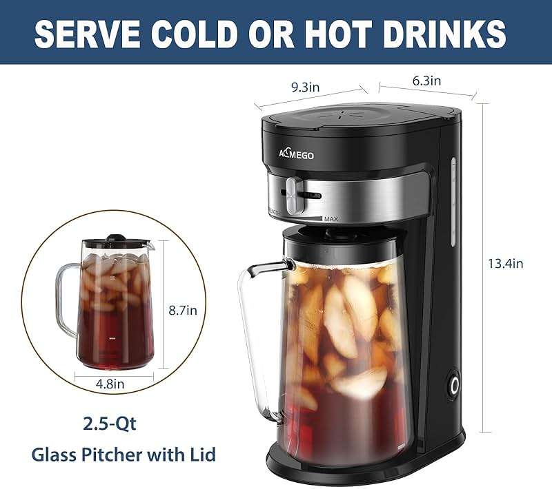 AEMEGO Iced Tea Maker, Brewing System with 2.5-quart Glass Pitcher, sliding strength selector, Stainless Steel Decoration, Reusable Filter (Black) - Image 2