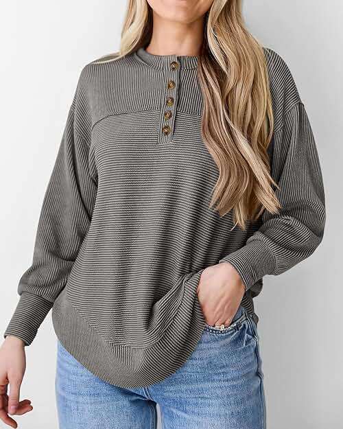 KIRUNDO Going Out Tops for Women Henley Shirts 2025 Casual Ribbed Knit Long Sleeve Tunic Summer Fall Button V Neck Blouse - Image 3