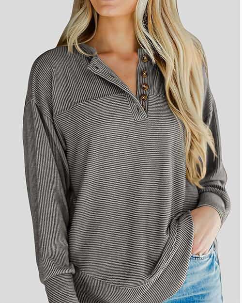 KIRUNDO Going Out Tops for Women Henley Shirts 2025 Casual Ribbed Knit Long Sleeve Tunic Summer Fall Button V Neck Blouse - Image 4