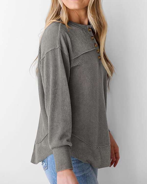 KIRUNDO Going Out Tops for Women Henley Shirts 2025 Casual Ribbed Knit Long Sleeve Tunic Summer Fall Button V Neck Blouse - Image 5