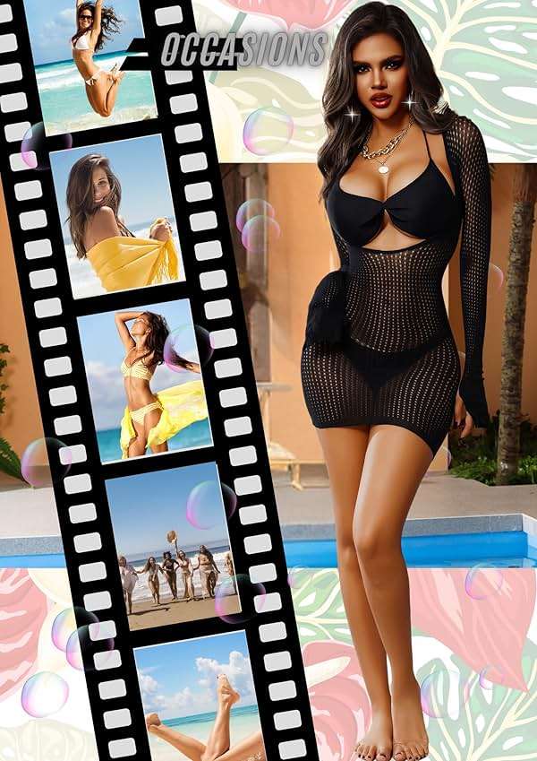 himifuns Fishnet Swimming Cover Up for Women - Summer Beach Mini Dress Swimsuit Cover-Up for 2025 - Image 4