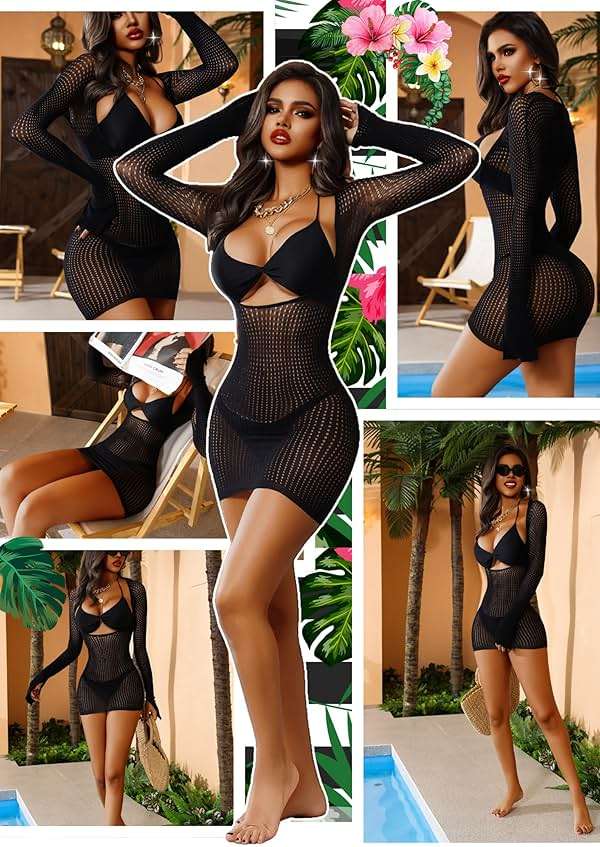 himifuns Fishnet Swimming Cover Up for Women - Summer Beach Mini Dress Swimsuit Cover-Up for 2025 - Image 7