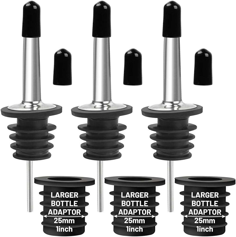 USEAMIE 3 Pack Stainless Steel Liquor Pour Spouts, Classic Bottle Pourers with 6 Caps, 3 Adapters for Large Neck Bottles, Also for Olive Oil, Juices and Syrups - Image 1