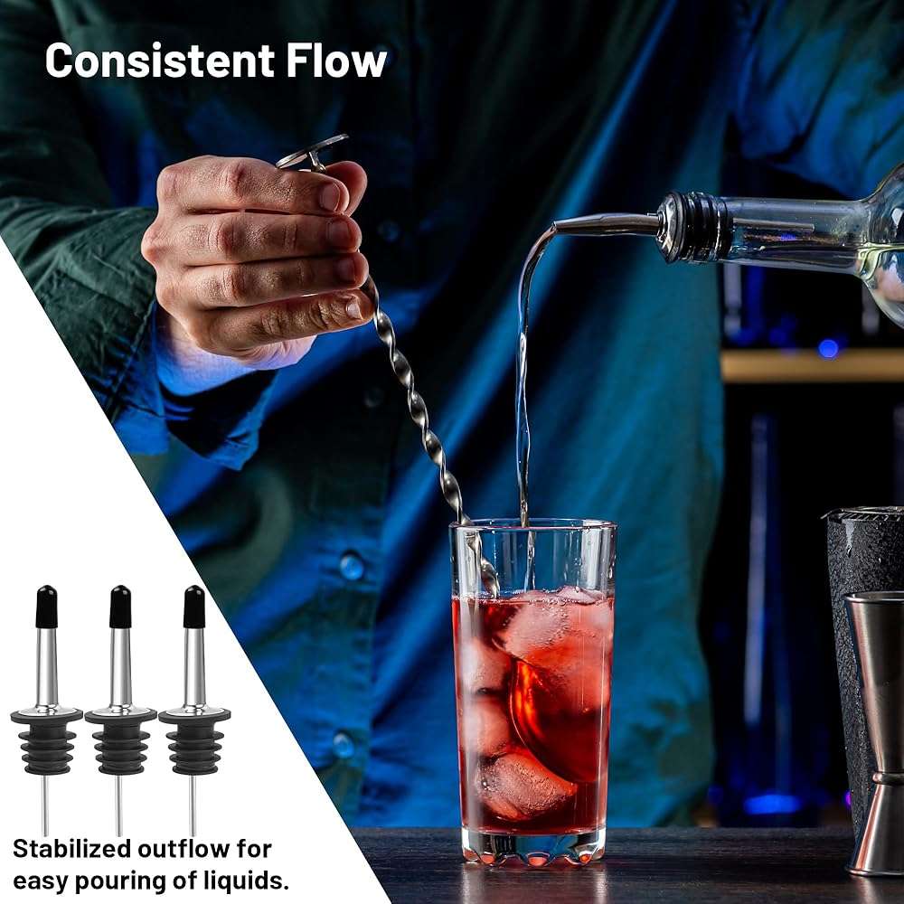 USEAMIE 3 Pack Stainless Steel Liquor Pour Spouts, Classic Bottle Pourers with 6 Caps, 3 Adapters for Large Neck Bottles, Also for Olive Oil, Juices and Syrups - Image 2