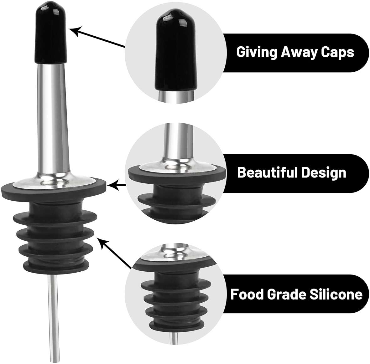 USEAMIE 3 Pack Stainless Steel Liquor Pour Spouts, Classic Bottle Pourers with 6 Caps, 3 Adapters for Large Neck Bottles, Also for Olive Oil, Juices and Syrups - Image 3