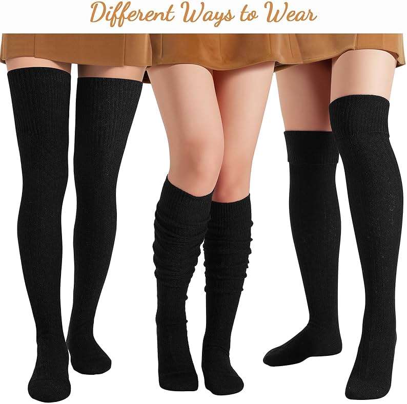 Pleneal Thigh High Socks - 2 Pairs Women's Thigh High Over Knee Socks Leg Warmers, Black & White - Image 2