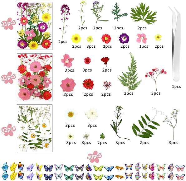 190 Pcs Dried Pressed Flowers for Resin, Real Dried Pressed Flowers for Resin Butterfly Stickers DIY Art with Tweezers Crafts Decorate for Candles Jewelry Nail Crafts - Image 4