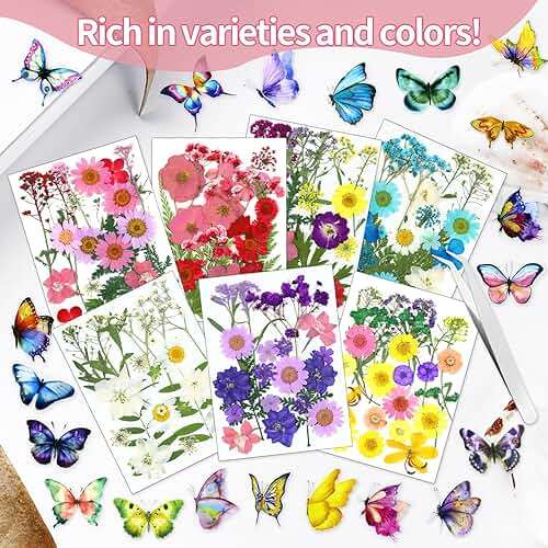 190 Pcs Dried Pressed Flowers for Resin, Real Dried Pressed Flowers for Resin Butterfly Stickers DIY Art with Tweezers Crafts Decorate for Candles Jewelry Nail Crafts - Image 5