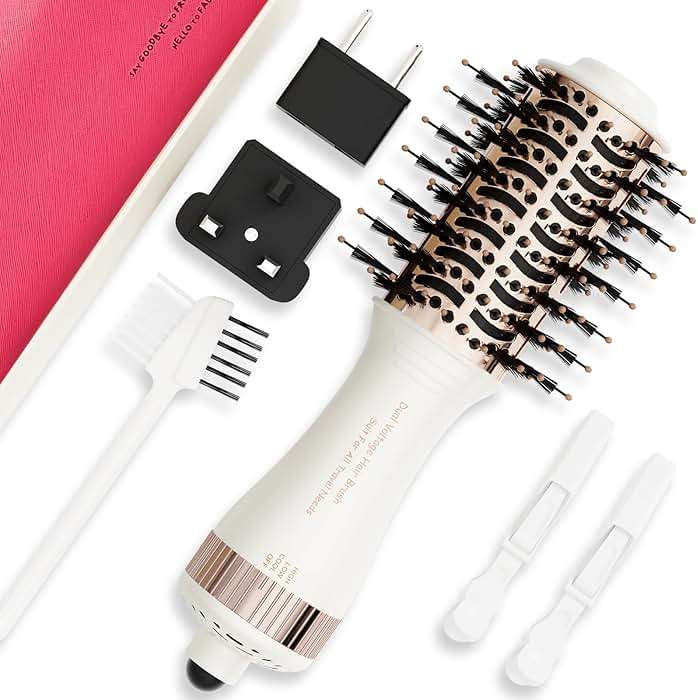 Travel Dual Voltage Hair Dryer Brush and Styler, Auto Dual Voltage 110-240V Hot Air Brush with US/EU/UK Plug, Lightweight Titanium Blow Dryer Brush for Europe and International Travel - Image 1