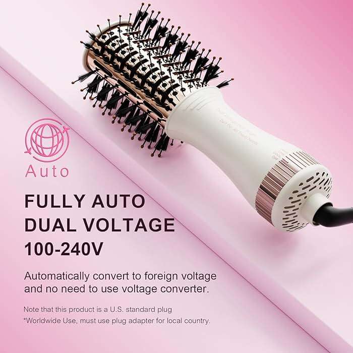Travel Dual Voltage Hair Dryer Brush and Styler, Auto Dual Voltage 110-240V Hot Air Brush with US/EU/UK Plug, Lightweight Titanium Blow Dryer Brush for Europe and International Travel - Image 2